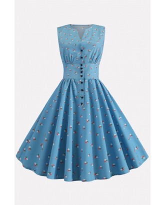 Blue Floral Print Button Up Vintage A Line Dress