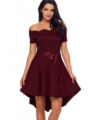 Dark Red Burgundy Off Shoulder Hollow Lace Tie Waist Beautiful High Low Party Dress