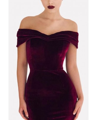Dark-red Off Shoulder Short Sleeve Beautiful Bodycon Velvet Dress