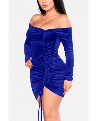 Blue Off Shoulder Drawstring Ruched Beautiful Bodycon Velvet Dress