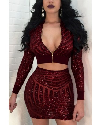 Dark Red Burgundy Sparkle Sequined Zipper Up See Through Beautiful Bodycon Two Piece Club Dress