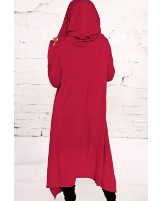 Dark Red Burgundy Cowl Neck Hooded Kangaroo Pocket Asymmetric Sweatshirt Dress