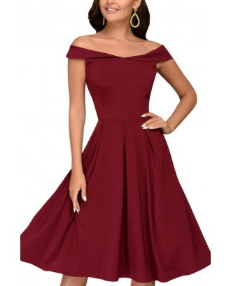 Dark-red Off Shoulder Beautiful Party A Line Dress