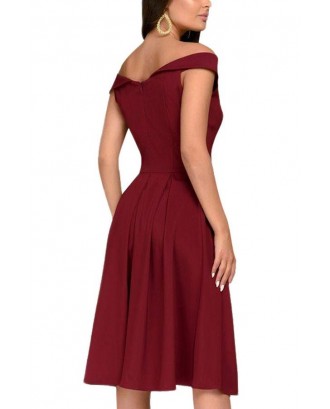 Dark-red Off Shoulder Beautiful Party A Line Dress