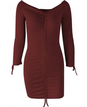 Dark-red Ribbed Off Shoulder Ruched Long Sleeve Beautiful Bodycon Dress