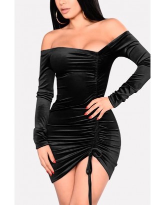 Black Off Shoulder Drawstring Ruched Beautiful Bodycon Velvet Dress