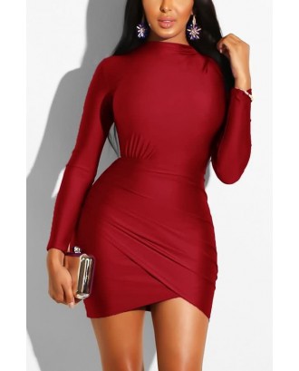 Dark-red Long Sleeve Ruched Wrap Bodycon Beautiful Mini Dress
