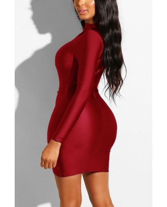 Dark-red Long Sleeve Ruched Wrap Bodycon Beautiful Mini Dress