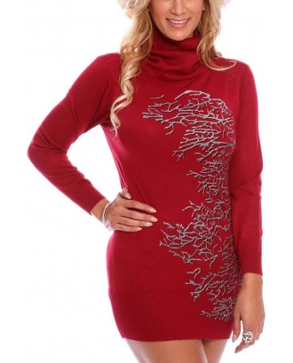 Dark Red Turtle Neck Glitter Print Sweater Dress