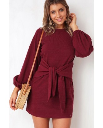 Dark-red Round Neck Long Sleeve Tied Casual Mini Dress