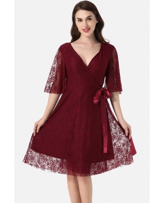 Dark-red Surplice Wrap Tied Waist Beautiful A Line Lace Dress