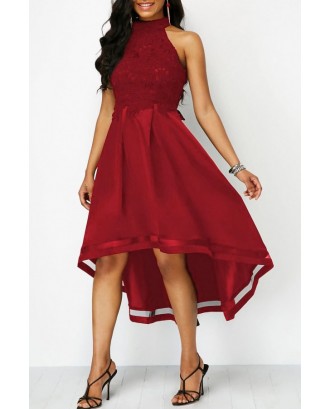 Dark-red Lace Crochet High Neck Beautiful A Line Prom Dress