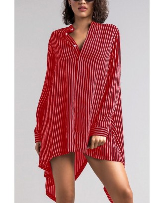 Dark-red Long Sleeve Asymmetric Stripe Beautiful Shirt Dress