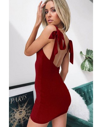 Dark-red Tied Sleeveless Backless Beautiful Bodycon Dress