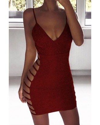 Dark-red Glitter Spaghetti Straps Cutout Beautiful Bodycon Dress