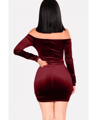 Dark-red Off Shoulder Drawstring Ruched Beautiful Bodycon Velvet Dress