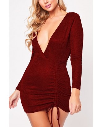 Dark-red Glitter Drawstring Ruched Plunging Beautiful Bodycon Dress