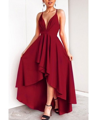 Dark-red Plunging Spaghetti Straps Beautiful Party High Low Dress