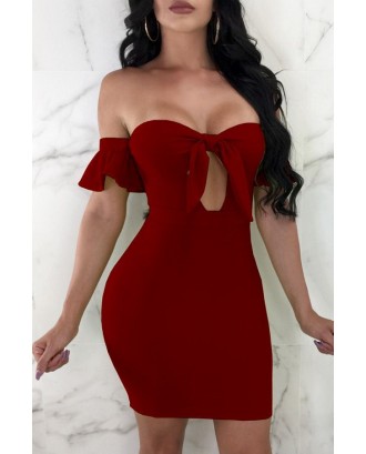 Dark-red Strapless Flare Sleeve Cutout Knotted Beautiful Bodycon Dress