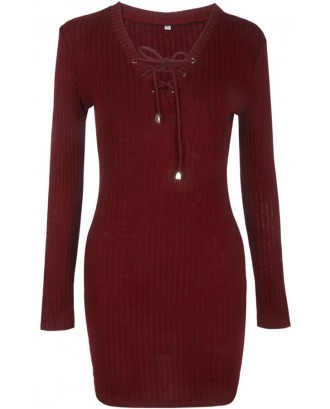 V Neck Lace Up Ribbed Beautiful Bodycon Sweater Mini Dress