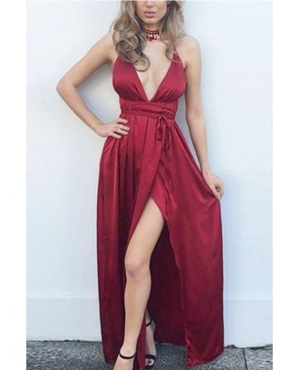 Dark Red Burgundy Plunging Crisscross Lace Up Backless Slit Beautiful Maxi Dress
