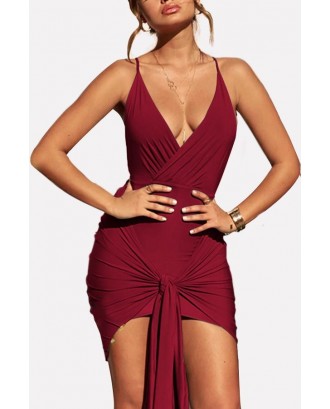 Dark-red Plunging Twisted Spaghetti Straps Knotted Beautiful Bodycon Dress