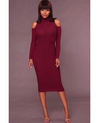 Dark Red Burgundy Cold Shoulder Long Sleeve Bodycon Midi Dress