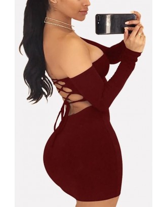 Dark-red Off Shoulder Long Sleeve Backless Lace Up Beautiful Mini Dress