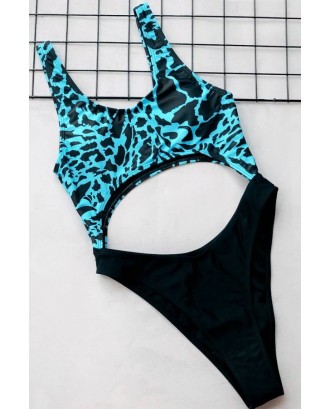 Jade-blue Leopard Cutout U Neck Padded Thong Beautiful Monokini