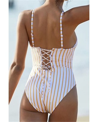 Orange Stripe Lace Up High Cut Beautiful One Piece Swimsuit