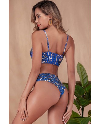 Dark-blue Printed Knotted Padded High Cut Beautiful Swimwear
