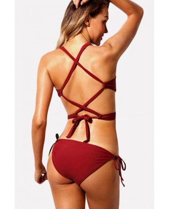 Dark-red Wrap Crisscross Tie Sides High Cut Beautiful Swimwear