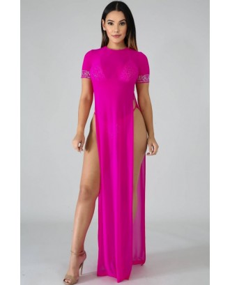 Hot-pink Mesh Slit Halter High Cut Beautiful Multi Piece Swimsuit