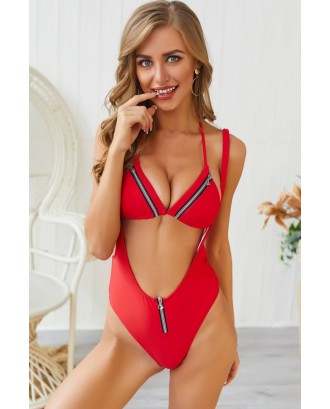 Red Zipper Halter Triangle Thong Beautiful Swimwear Swimsuit