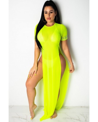 Green Neon Mesh Slit Halter High Cut Beautiful Multi Piece Swimsuit