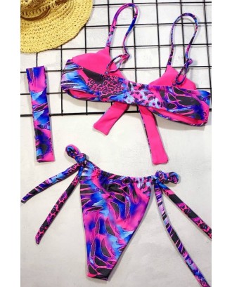 Purple Leopard Knotted Spaghetti Straps Padded Thong Beautiful Swimwear