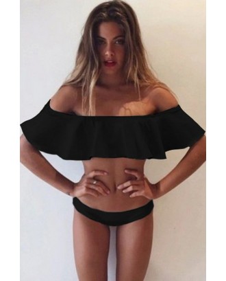 Solid Color Off Shoulder Ruffled Cute Two Piece Swimsuit