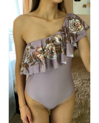 Light-purple Ruffles Floral Print One Shoulder Beautiful One Piece Swimsuit