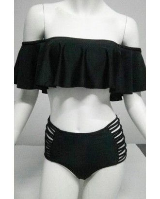 Solid Color Off Shoulder Ruffles Decor Two Piece Swimsuit