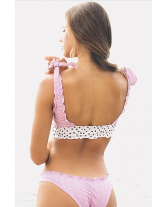 Pink Polka Dot Ruffles Trim Cutout Beautiful Swimwear