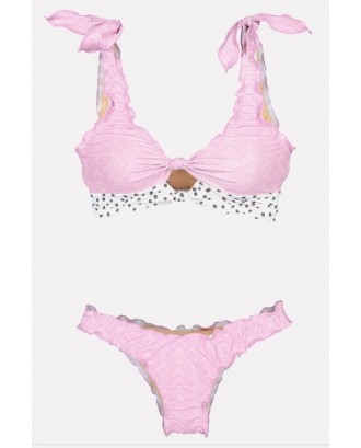 Pink Polka Dot Ruffles Trim Cutout Beautiful Swimwear