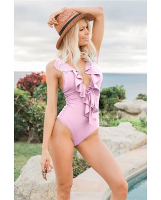 Pink Ruffles Plunging Backless Padded Beautiful One Piece Swimsuit