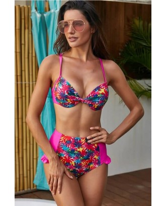 Hot-pink Tropical Print Ruffles Trim Spaghetti Straps Beautiful Swimwear
