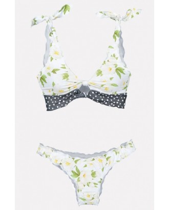 White Leaf Print Polka Dot Ruffles Trim Cutout Beautiful Swimwear