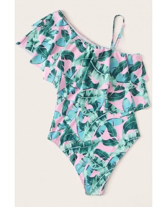 Pink Leaf Print One Shoulder Ruffles Beautiful One Piece Swimsuit