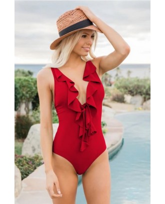 Red Ruffles Plunging Backless Padded Beautiful One Piece Swimsuit