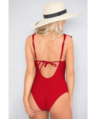 Red Ruffles Plunging Backless Padded Beautiful One Piece Swimsuit