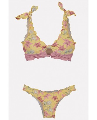 Yellow Floral Print Ruffles Trim Cutout Beautiful Swimwear