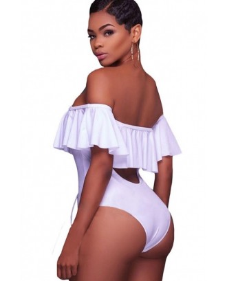 White Off Shoulder Strappy Lace Up Caged Ruffled Cutout Back Beautiful One Piece Swimsuit