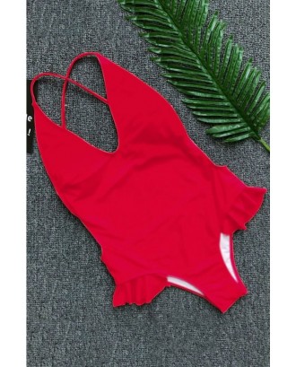 Red Crisscross Ruffles Padded Cheeky Beautiful One Piece Swimsuit